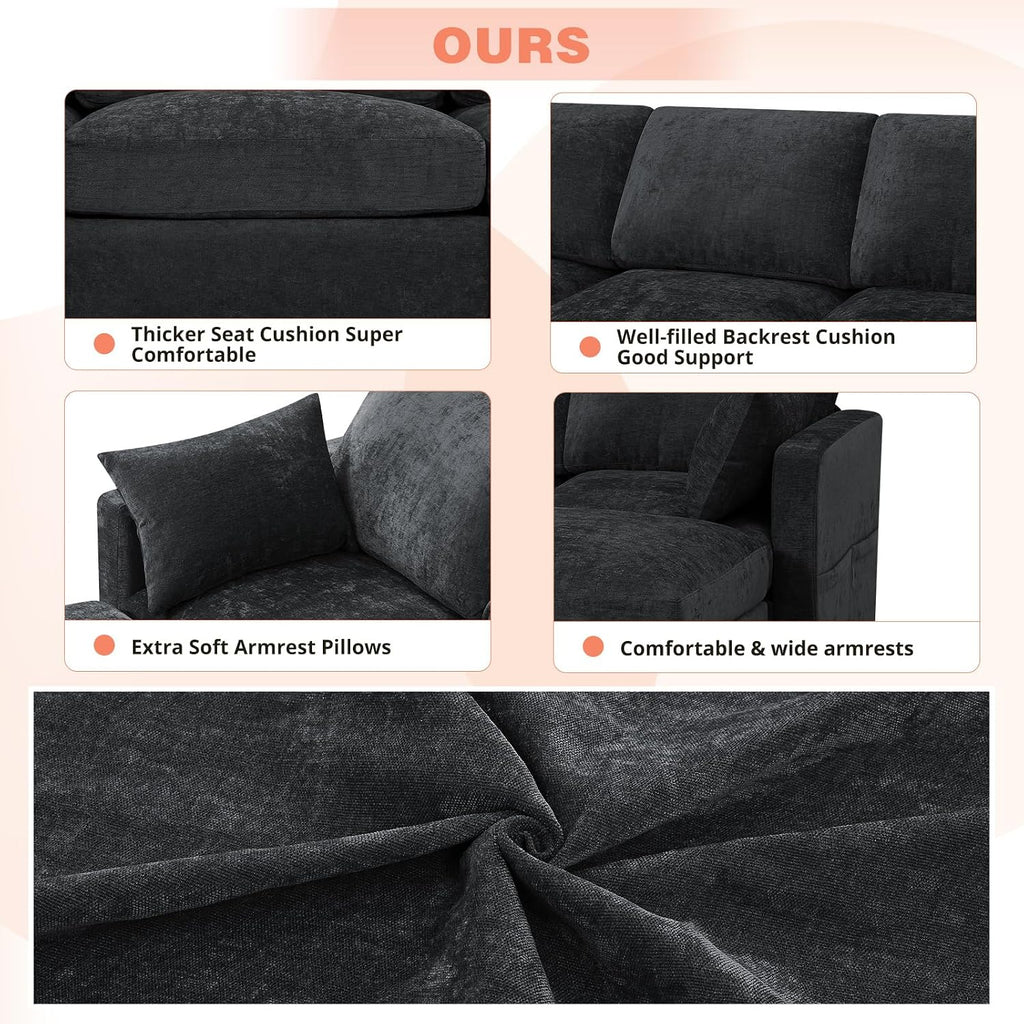 84 Inches Chenille 3-Seater Couch W/Movable Ottoman, Upholstered Sectional Sofa w/Soft Backrest, Modern Fabric L Shaped Couch w/Armrest Pillows for Living Room, Office, Black