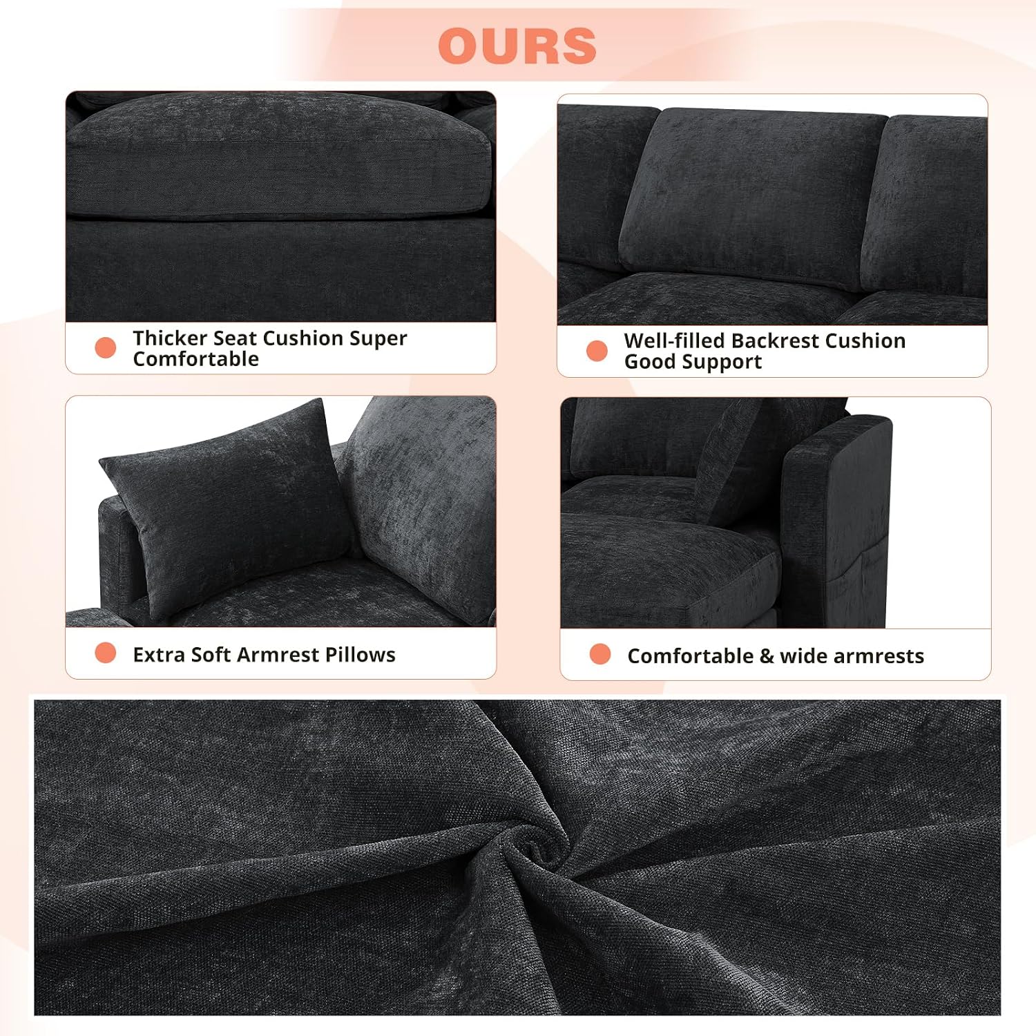 84 Inches Chenille 3-Seater Couch W/Movable Ottoman, Upholstered Sectional Sofa w/Soft Backrest, Modern Fabric L Shaped Couch w/Armrest Pillows for Living Room, Office, Black