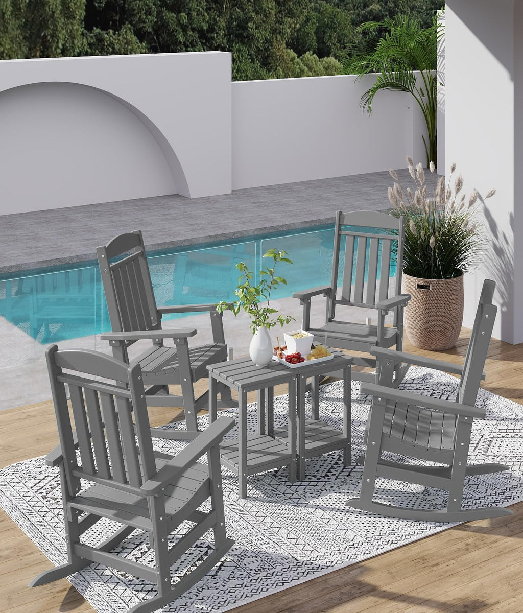 FOOWIN Outdoor Rocking Chair Set of 2, High Back Patio Rocking Chair, HDPE All Weather Resistant Porch Rocker for Adult, Oversized Rocking Chairs for Garden, Lawn, Indoor & Outdoor Use, Grey