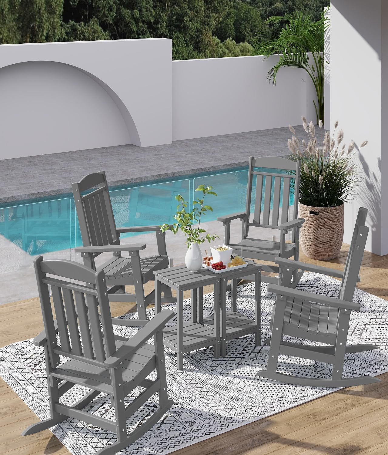 FOOWIN Outdoor Rocking Chair Set of 2, High Back Patio Rocking Chair, HDPE All Weather Resistant Porch Rocker for Adult, Oversized Rocking Chairs for Garden, Lawn, Indoor & Outdoor Use, Grey