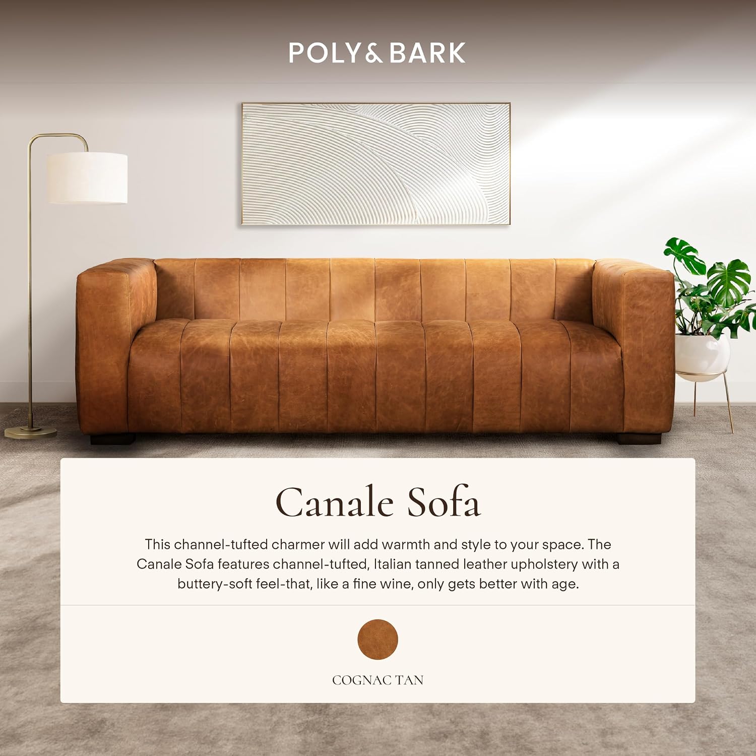 POLY & BARK Canale Sofa – 86' Channel-Tufted Italian Leather Couch – Cognac Tan Full-Grain Pure-Aniline or Semi-Aniline Leather, Solid Wood Frame & Legs