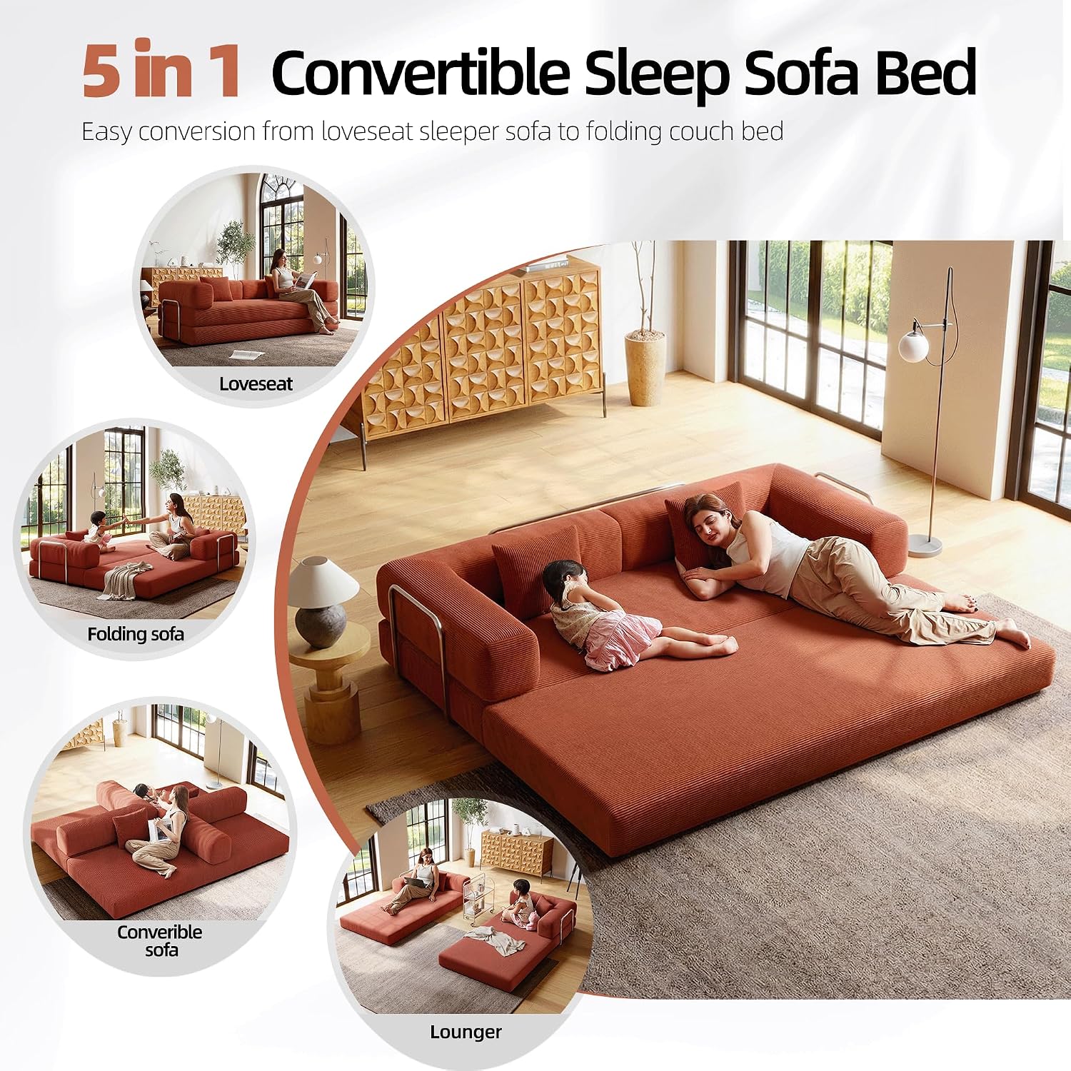 5-in-1 Folding Convertible Sofa Bed, Loveseat Sleeper with Pull-Out Bed, Floor Sofa Modular Futon Couch, 79' Oversized Corduroy Upholstered Boneless Couch for Living Room, Bedroom, Lounge, Orange-A