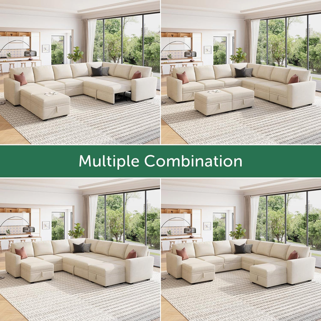 HONBAY Modular Sectional Sleeper Sofa with Pull Out Couch, Oversized U Shaped Sleeper Pull Out Bed with Storage Sectional Couches for Living Room - Beige