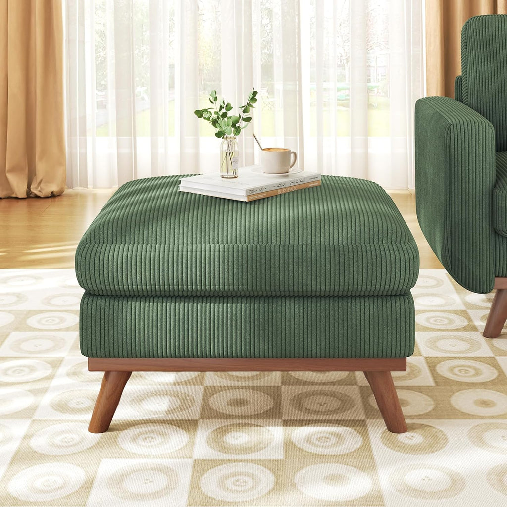 Vesgantti Large Ottoman for Modular Sofa, 29.5' Corduroy Pouf Ottoman with Spring Cushion, Rectangle Foot Rest for Couch, Entrance Footstool with Wood Legs, Footstool for Living Room, Bedroom, Green