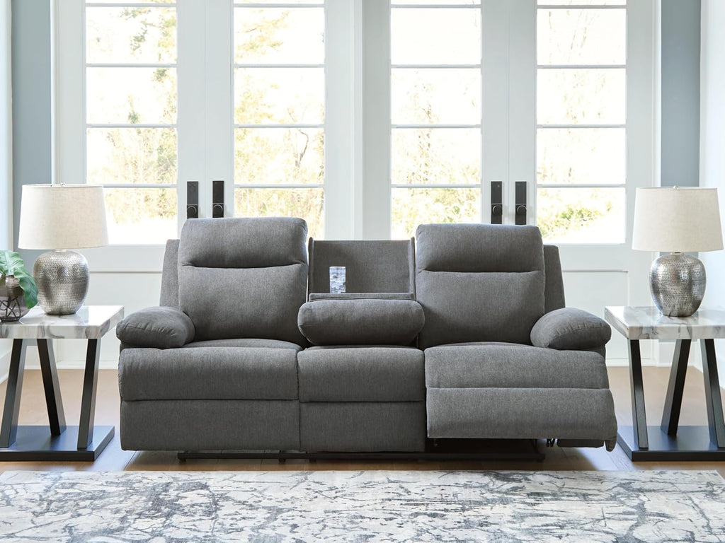 Signature Design by Ashley Yarrow Lane Classic Chenille Manual Pull Tab Reclining Sofa with Drop Down Table and USB Charging, Gray