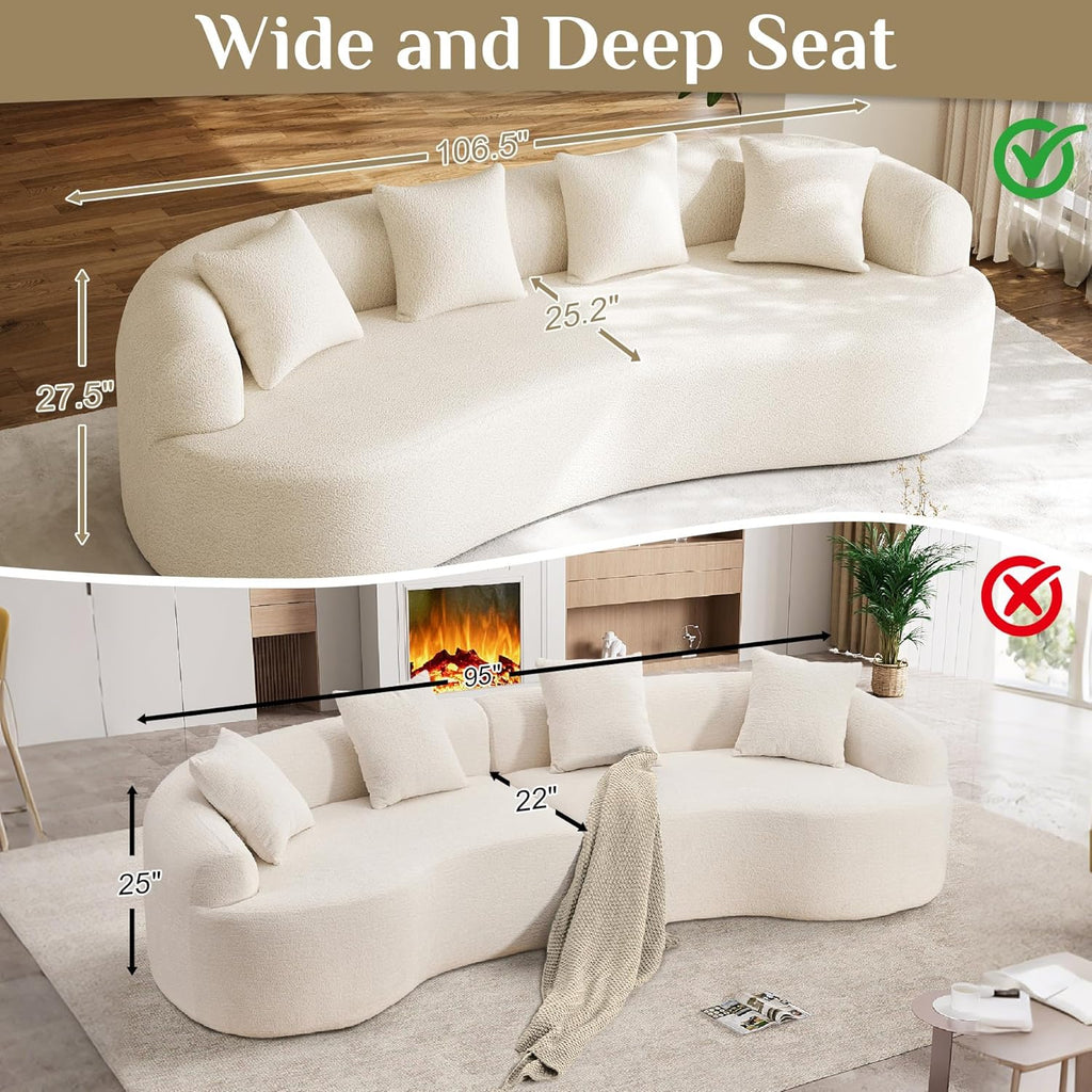 Oversized Sectional Sofa for Living Room, Modern Luxury Plush Chenille 4-Seater Extra Deep & Wide Seat Curved Cloud Couch with 4 Throw Pillows, No Assembly Needed, Cream White