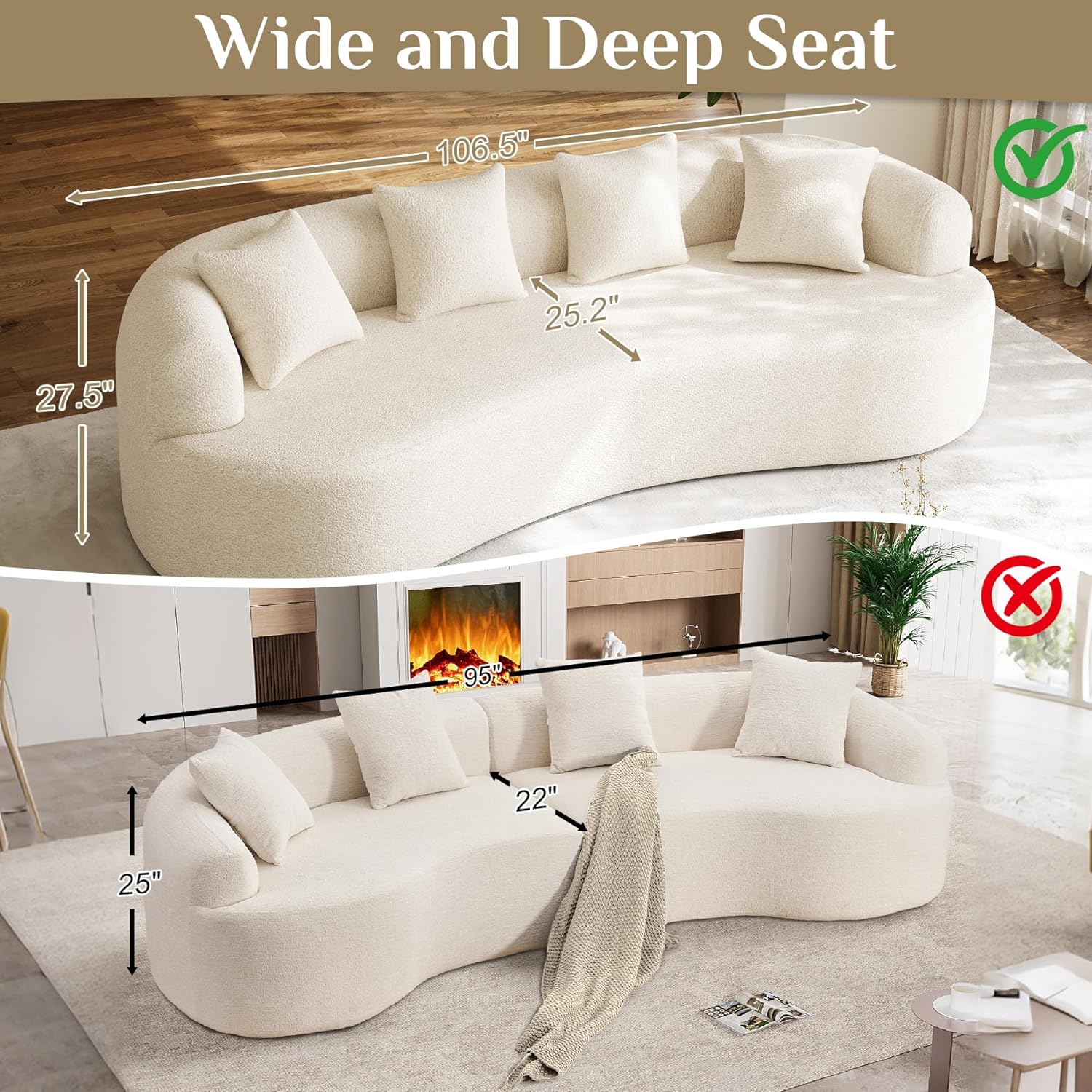 Oversized Sectional Sofa for Living Room, Modern Luxury Plush Chenille 4-Seater Extra Deep & Wide Seat Curved Cloud Couch with 4 Throw Pillows, No Assembly Needed, Cream White