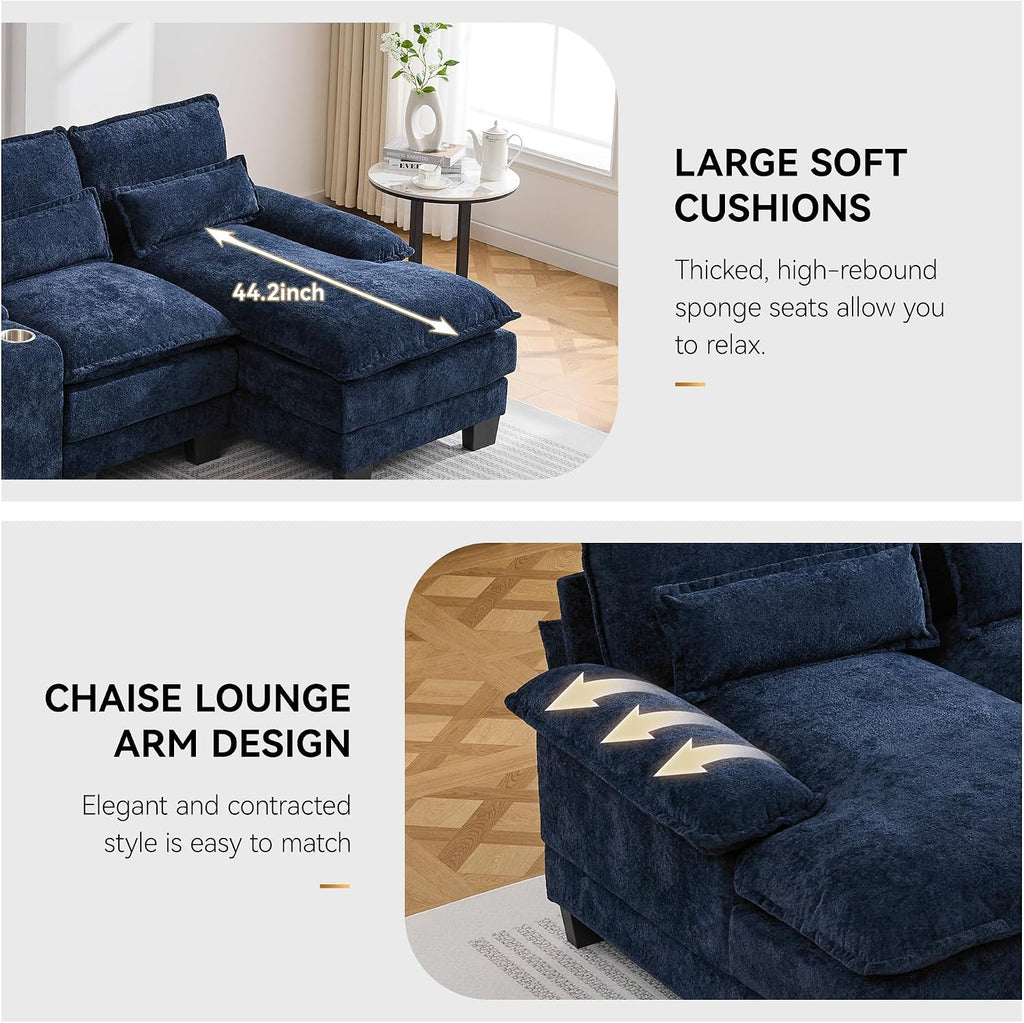 125'' U Shaped Cloud Modular Sofa with Chaise Lounges, Upholstered Comfy Sectional Couch with Storage Console, USB Charging & Cup Holders, Small Deep Seat Sofa for Living Room, Sherpa- Chenille Navy
