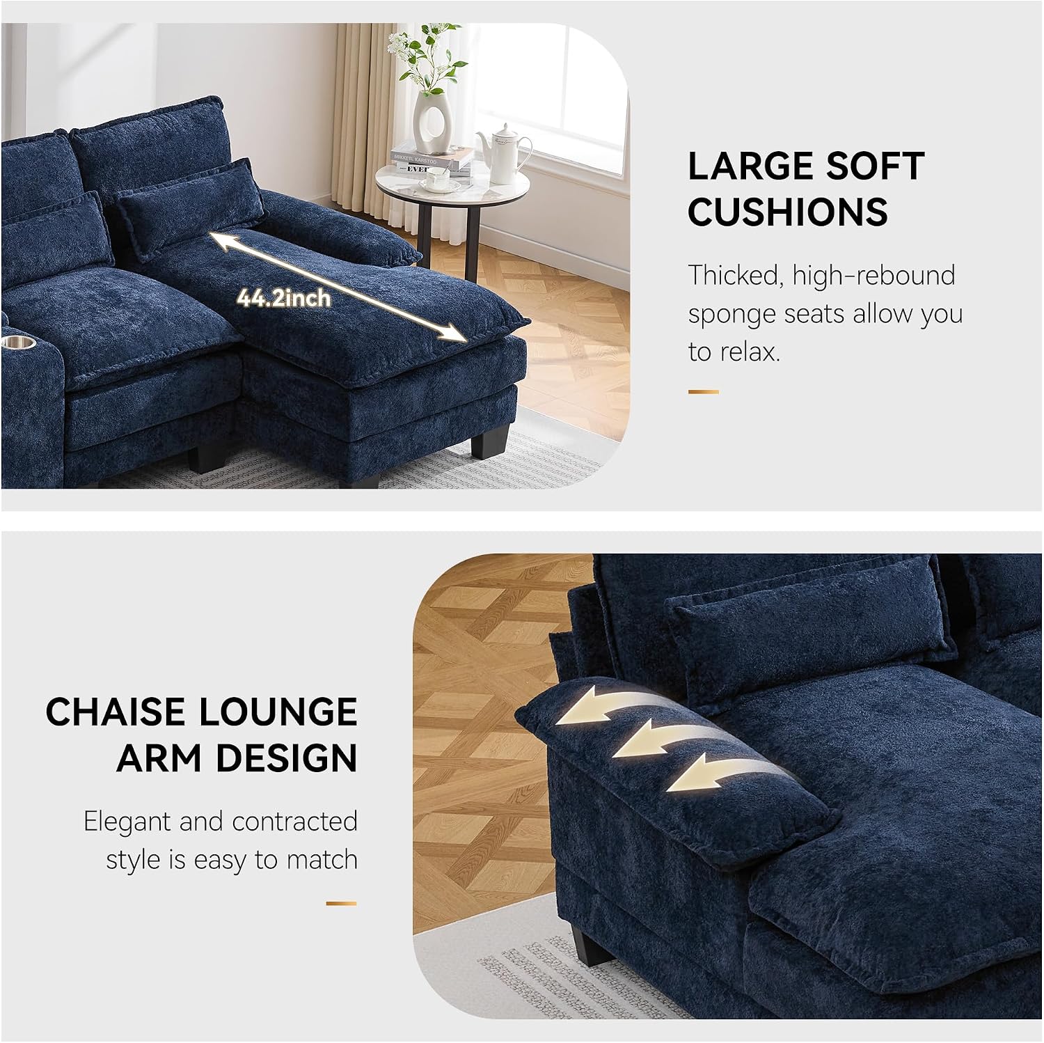 125'' U Shaped Cloud Modular Sofa with Chaise Lounges, Upholstered Comfy Sectional Couch with Storage Console, USB Charging & Cup Holders, Small Deep Seat Sofa for Living Room, Sherpa- Chenille Navy