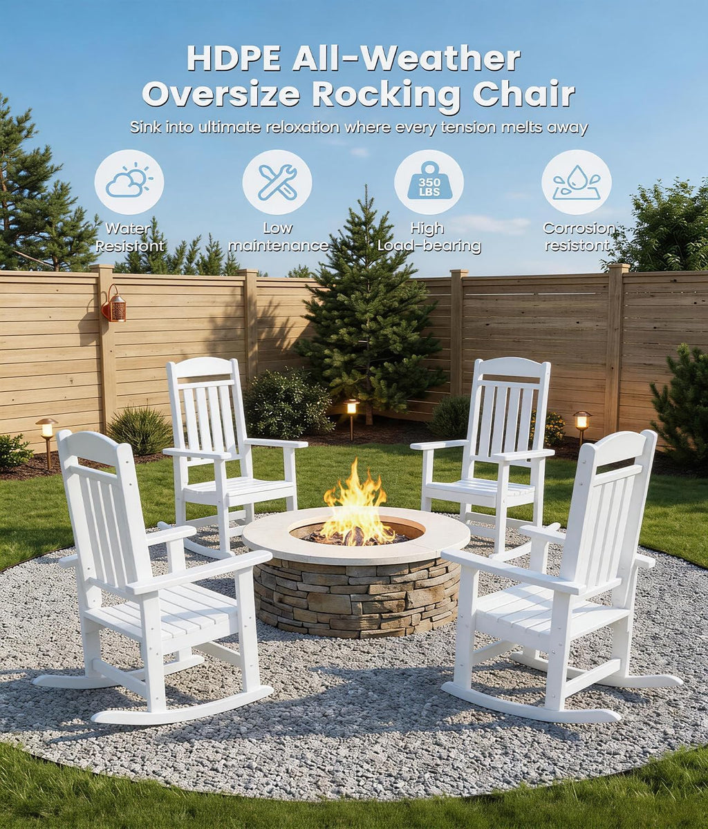 FOOWIN Patio Rocking Chairs Set of 2,HDPE High Back Porch Rocker,All Weather Resistant Poly Lumber Outdoor Porch Rocker, Rocking Chairs for Outdoor, Indoor, Patio, Deck, Garden White