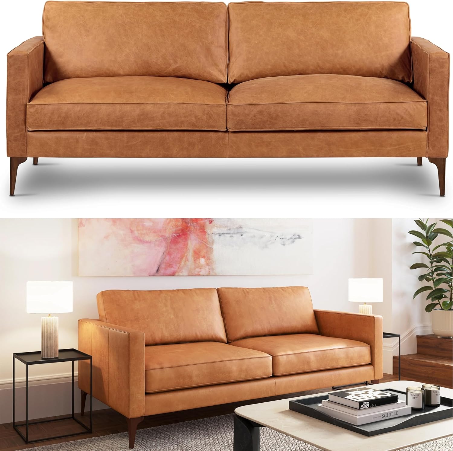 Poly & BARK Mateo 82' Sofa – Cognac Tan Full-Grain Pure-Aniline Italian Leather, Feather-Down Cushions, Solid Wood Frame & Walnut Legs