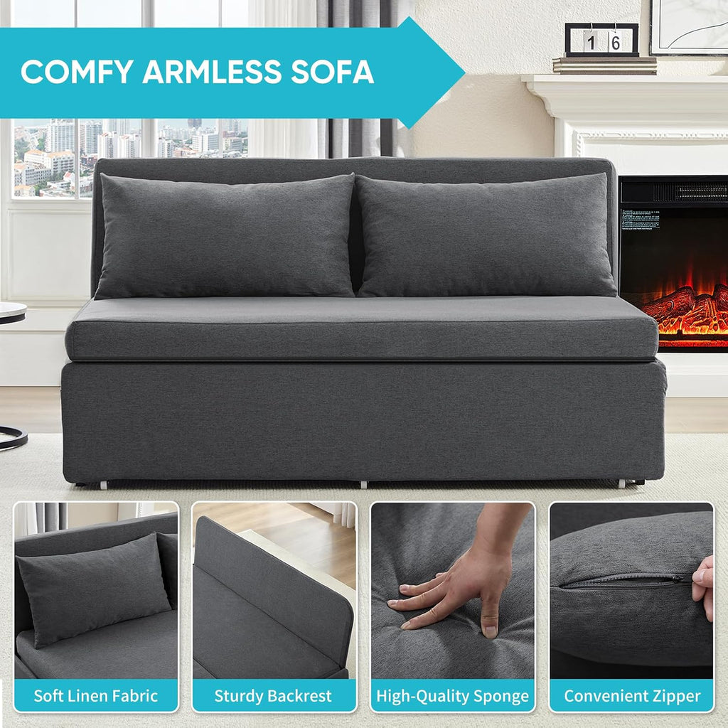 CECER 64.2' Queen Size Pull Out Sofa Bed, Pull Out Couch Bed with 2 Pillows, Linen Convertible Sleeper Sofa with Comfy Mattress, 2 in 1 Armless Loveseat Sleeper for Living Room-Dark Grey