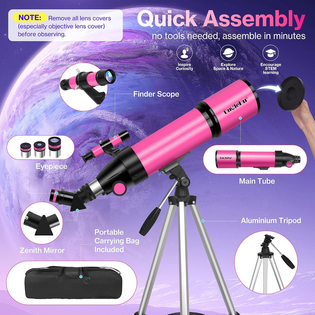 Telescope for Adults High Powered, 80mm Aperture 600mm Telescopes for Astronomy Adults&Kids&Beginners, Portable Travel Refractor Telescope with Tripod&Phone Adapter&Bag for Ground&Moon Viewing, Pink