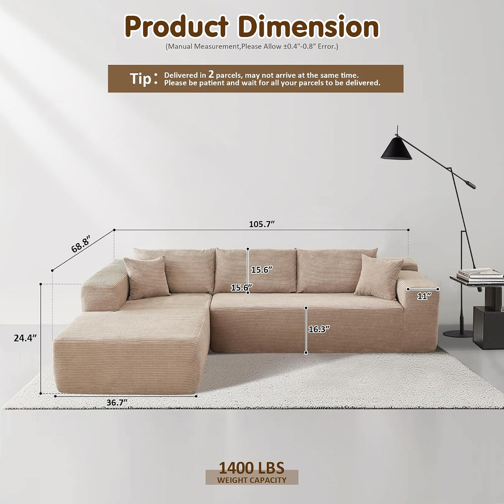 ovios 104' Cloud Boneless Couch with L-Shape Chaise,Modern Sectional Modular Sofa with Deep Seat, Upholstered Couches for Living Room Bedroom,No Assembly Required, Camel (Corduroy Fabric)