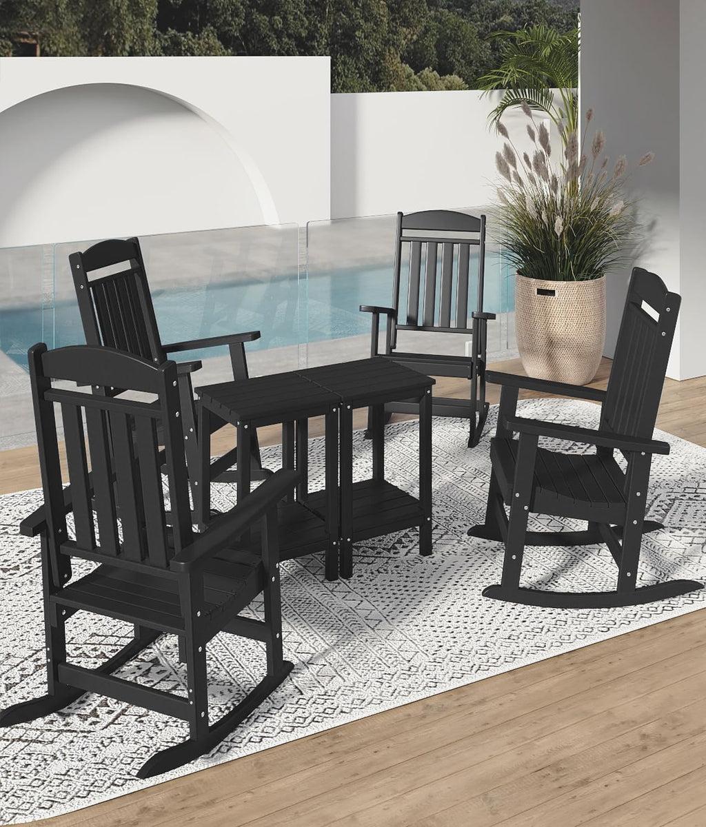 FOOWIN Outdoor Rocking Chair Set of 2, High Back Patio Rocking Chair, HDPE All Weather Resistant Porch Rocker for Adult, Oversized Rocking Chairs for Garden, Lawn, Indoor & Outdoor Use, Black