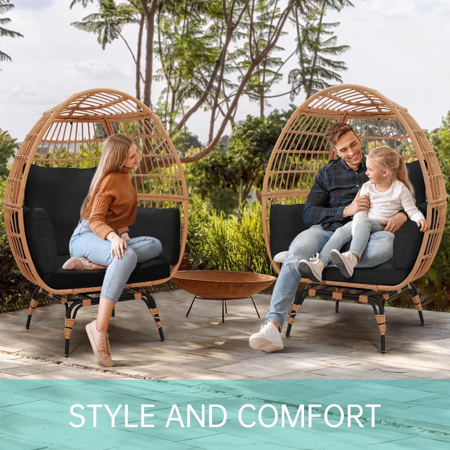Murago Oversized 360° Swivel Rattan Egg Chair for Adult, Indoor Outdoor Patio Large Wicker Egg Chair with Overstuffed Cushions, 440lb Weight Capacity, Natural Rattan with Black Cushion