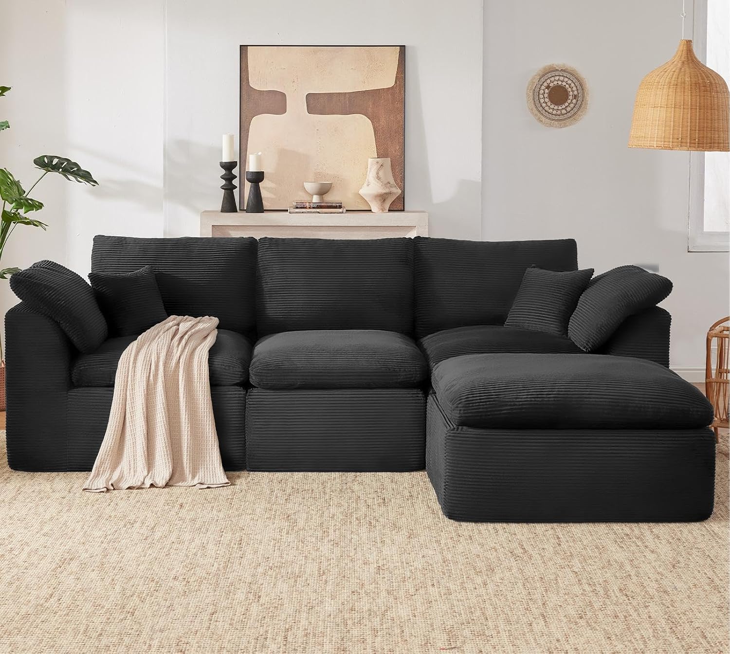 112' Cloud Sectional Couch, Boneless Couches for Living Room, L Shaped Couch with Convertible Ottoman, Modular Sectional Sofa with Deep Seat, Comfy Soft Cushions, No Assembly, Black