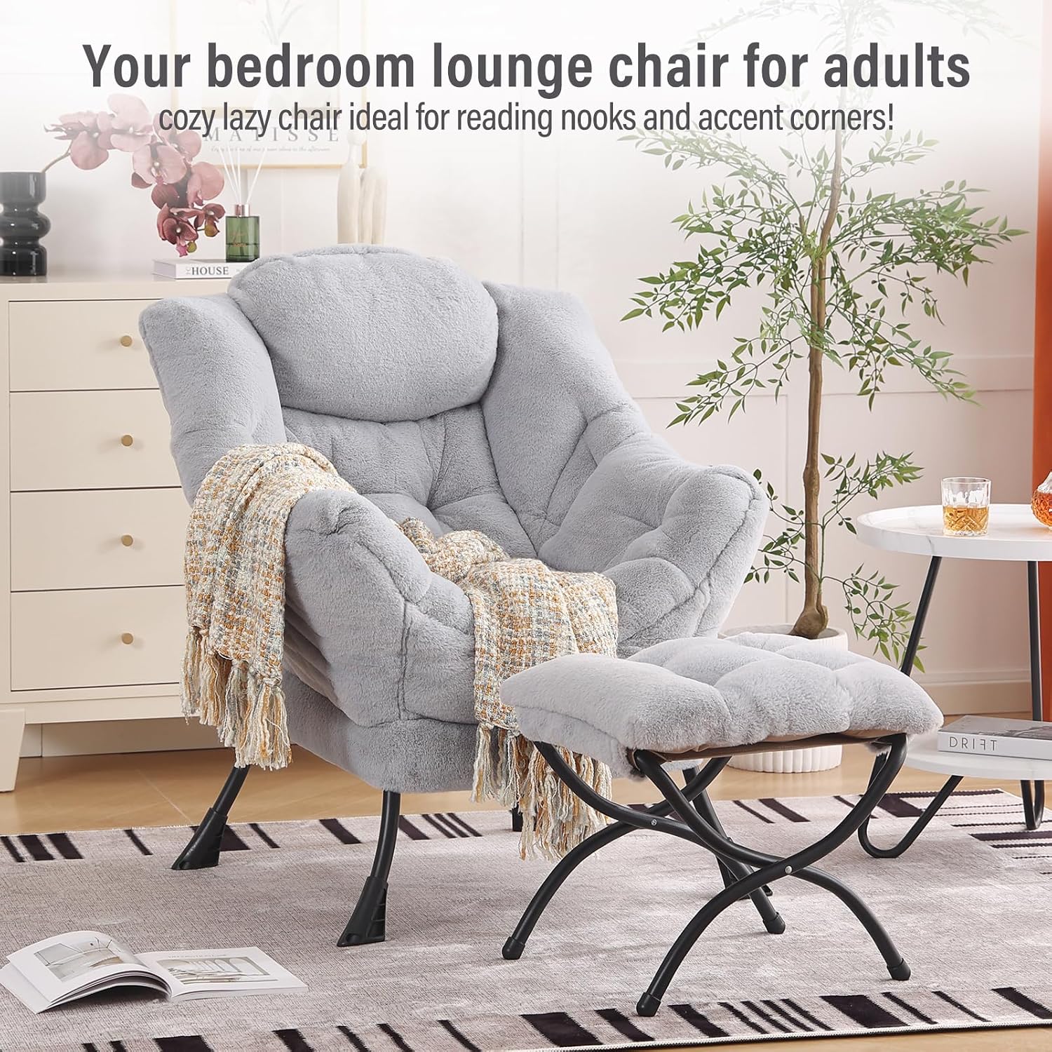 Furlide Lazy Chair with Ottoman, Modern Accent Chair with Armrests and a Side Pocket, Plush Grey Accent Chairs, Reading Chairs, Oversized Armchairs for Bedroom, Study, Living Room, Courtyard