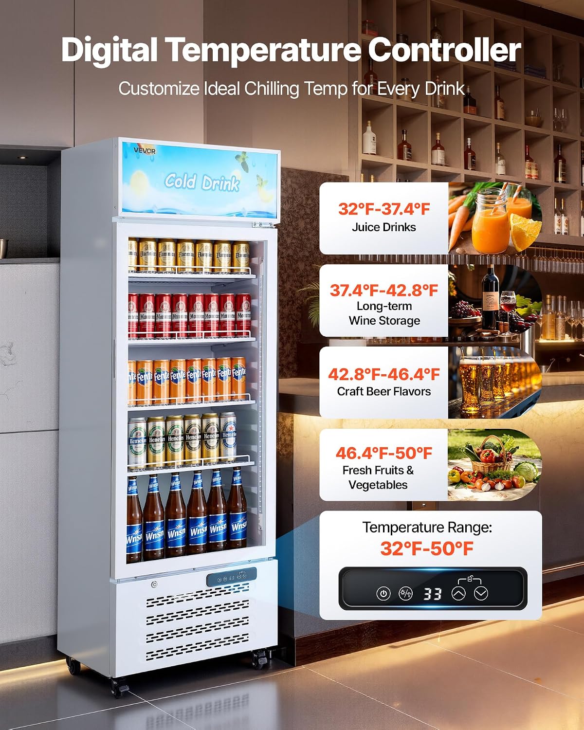 VEVOR Commercial Merchandiser Refrigerator, 9.6 Cu.Ft / 273 L Glass Door Display Refrigerator, Upright Beverage Cooler with Customizable Lightbox, 4 Adjustable Shelves & Soft LED Light for Homes Shops