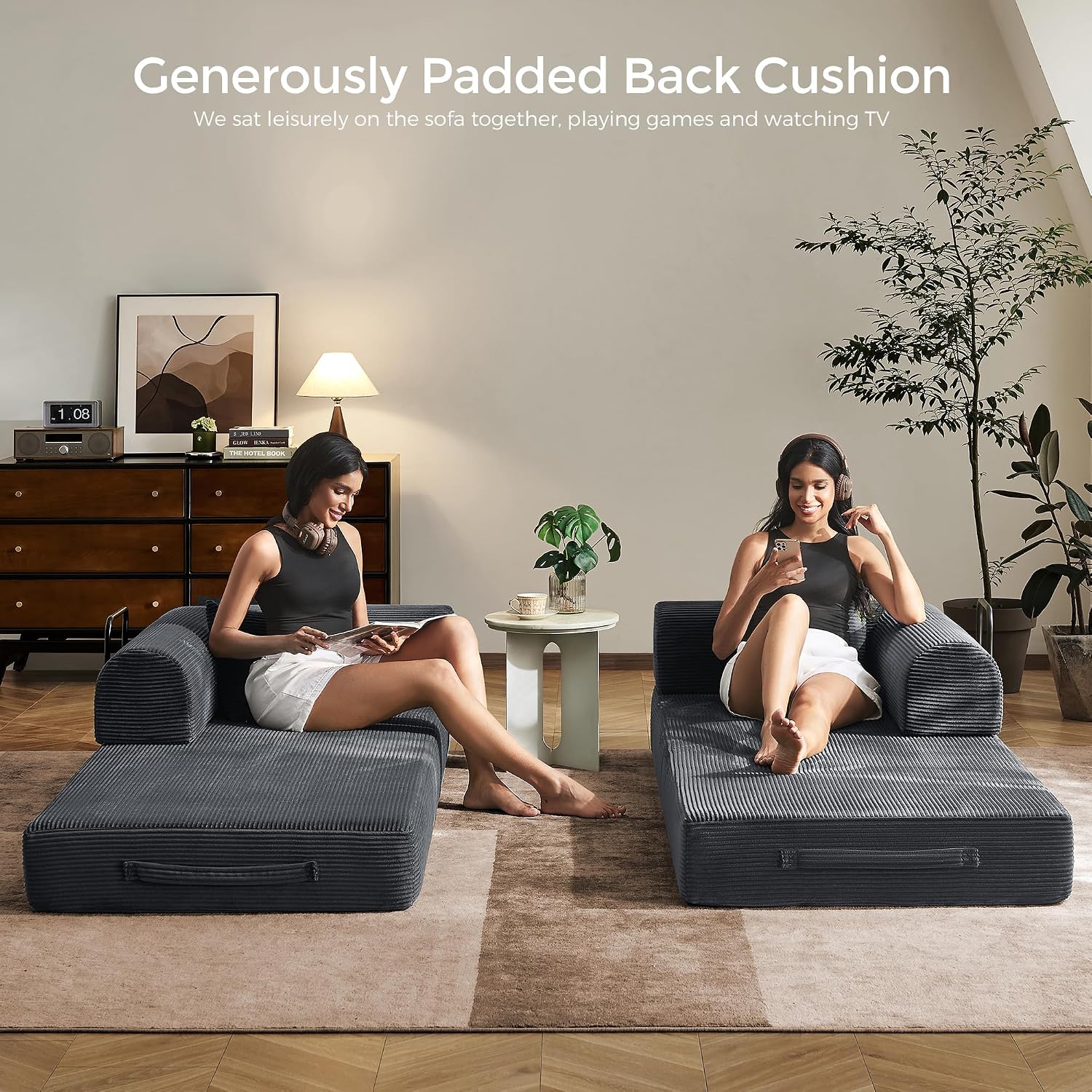 79' Convertible Sofa Bed with Fixed-Shape Frame & Removable Armrests, Modular Corduroy Sleeper Sofa, Folding Mattress Couch for Small Spaces - No Assembly Needed in Dark Gray (Includes 2 Pillows)