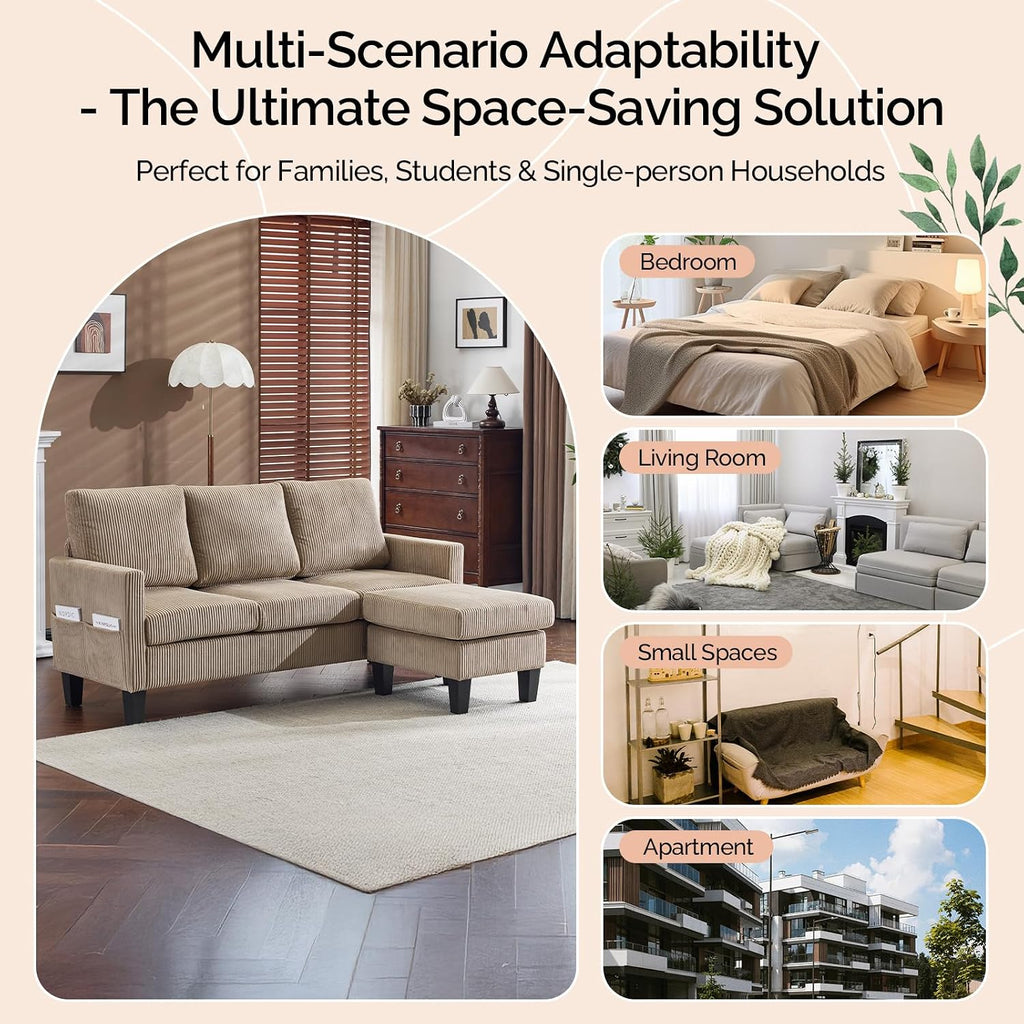 VINGLI 68.5' L Shaped Couch with Movable Storage Ottoman, Convertible Sectional Sofa in Soft Corduroy Fabric, Modern Reversible Chaise Couch for Small Spaces, Apartment, Living Room，Khaki