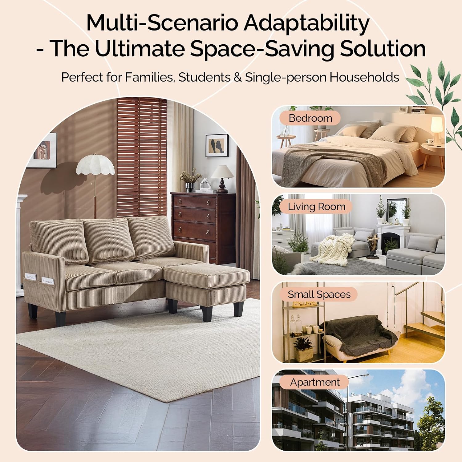 VINGLI 68.5' L Shaped Couch with Movable Storage Ottoman, Convertible Sectional Sofa in Soft Corduroy Fabric, Modern Reversible Chaise Couch for Small Spaces, Apartment, Living Room，Khaki