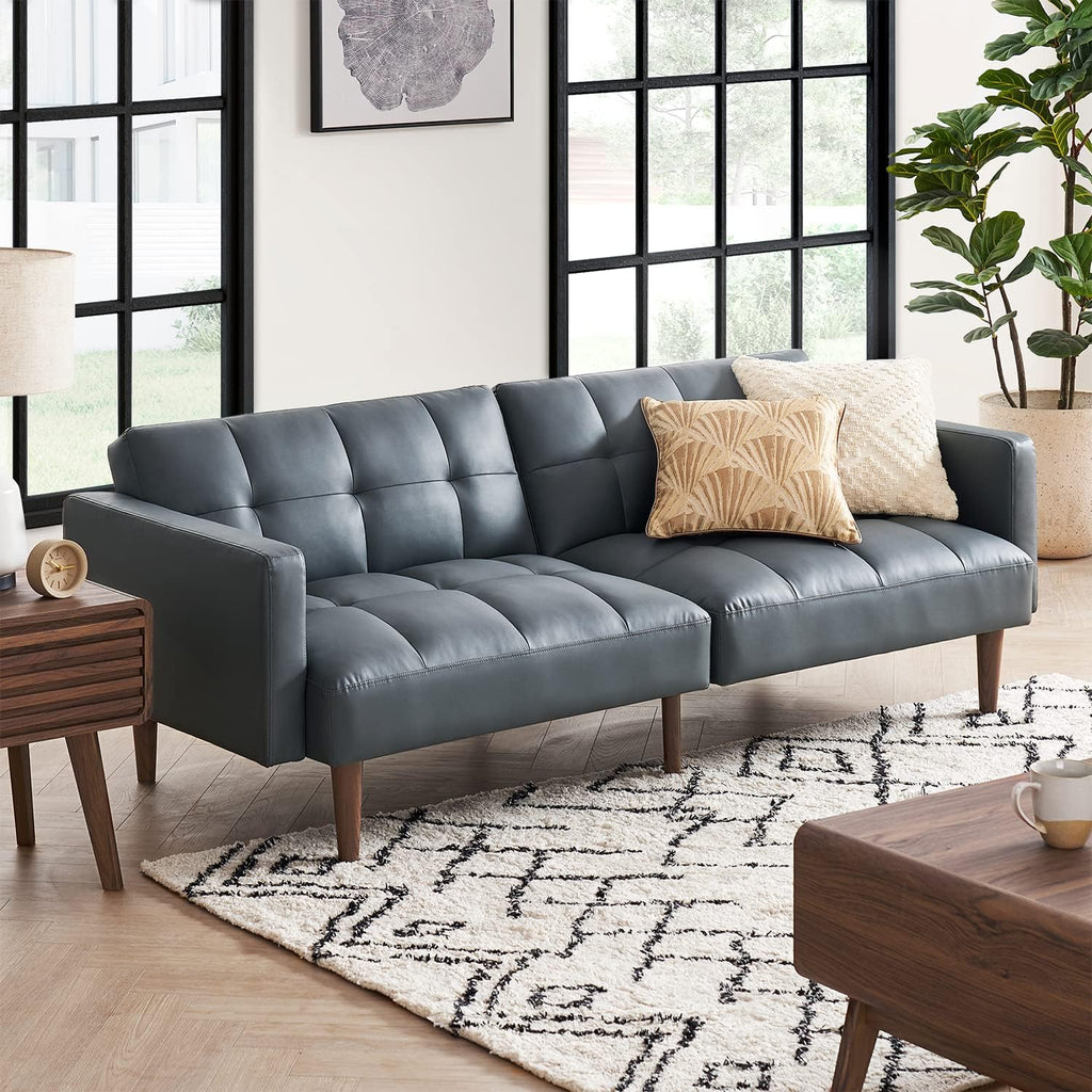 mopio Aaron 76.8' Couch, Small Futon Sofa Bed, Sleeper, Loveseat, Mid Century Modern Futon Couch, Sofa Cama, Couches for Living Room, Bedroom (Cloud Gray, Faux Leather)