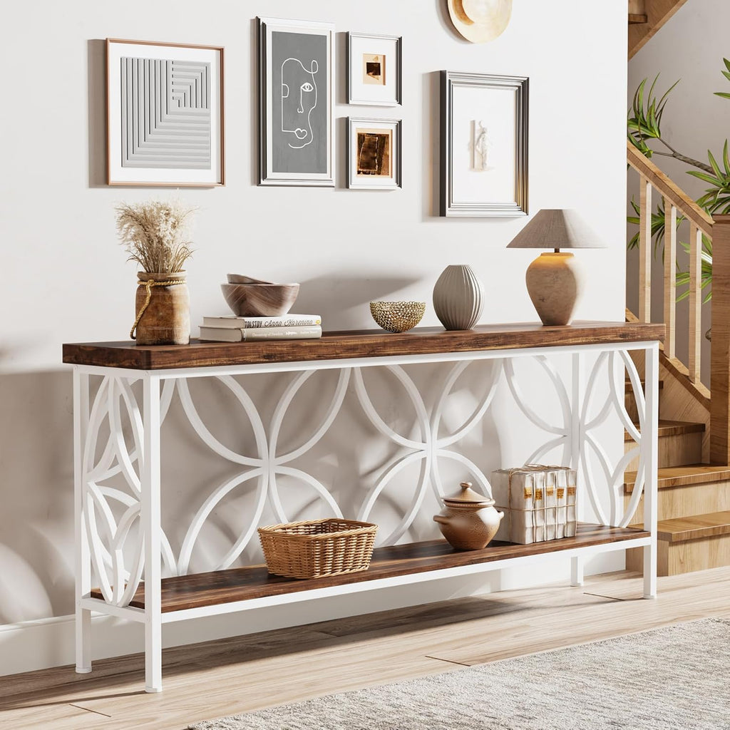 Tribesigns 70.9-Inch Narrow Sofa Table, Industrial Long Sofa Table Behind Couch, Entry Console Table with Storage for Entryway, Living Room, Foyer, Unique Design, Walnut/White