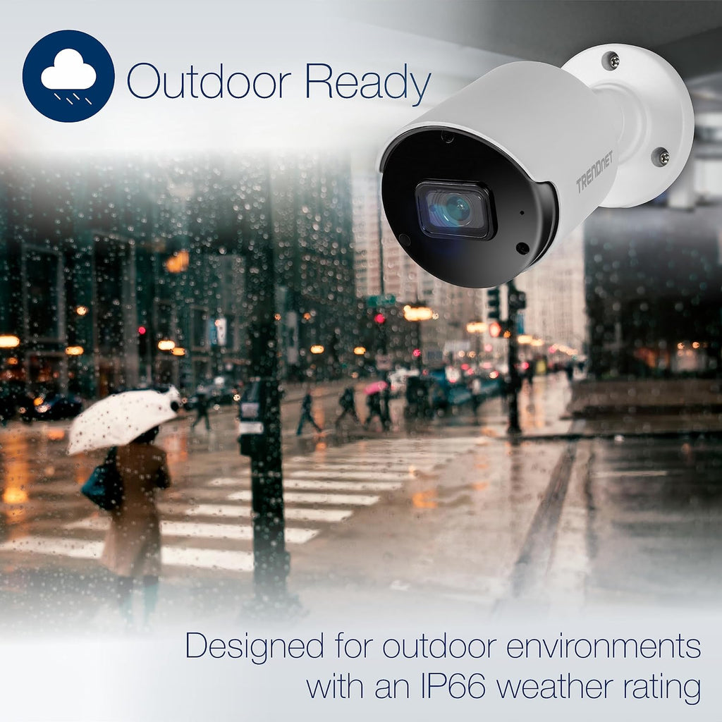 TRENDnet Indoor Outdoor 5MP H.265 PoE Bullet Network Camera, IP66 Rated Housing, IR Night Vision up to 30m (98 ft.), Security Surveillance Camera, microSD Card Slot (up to 256GB), White, TV-IP1514PI