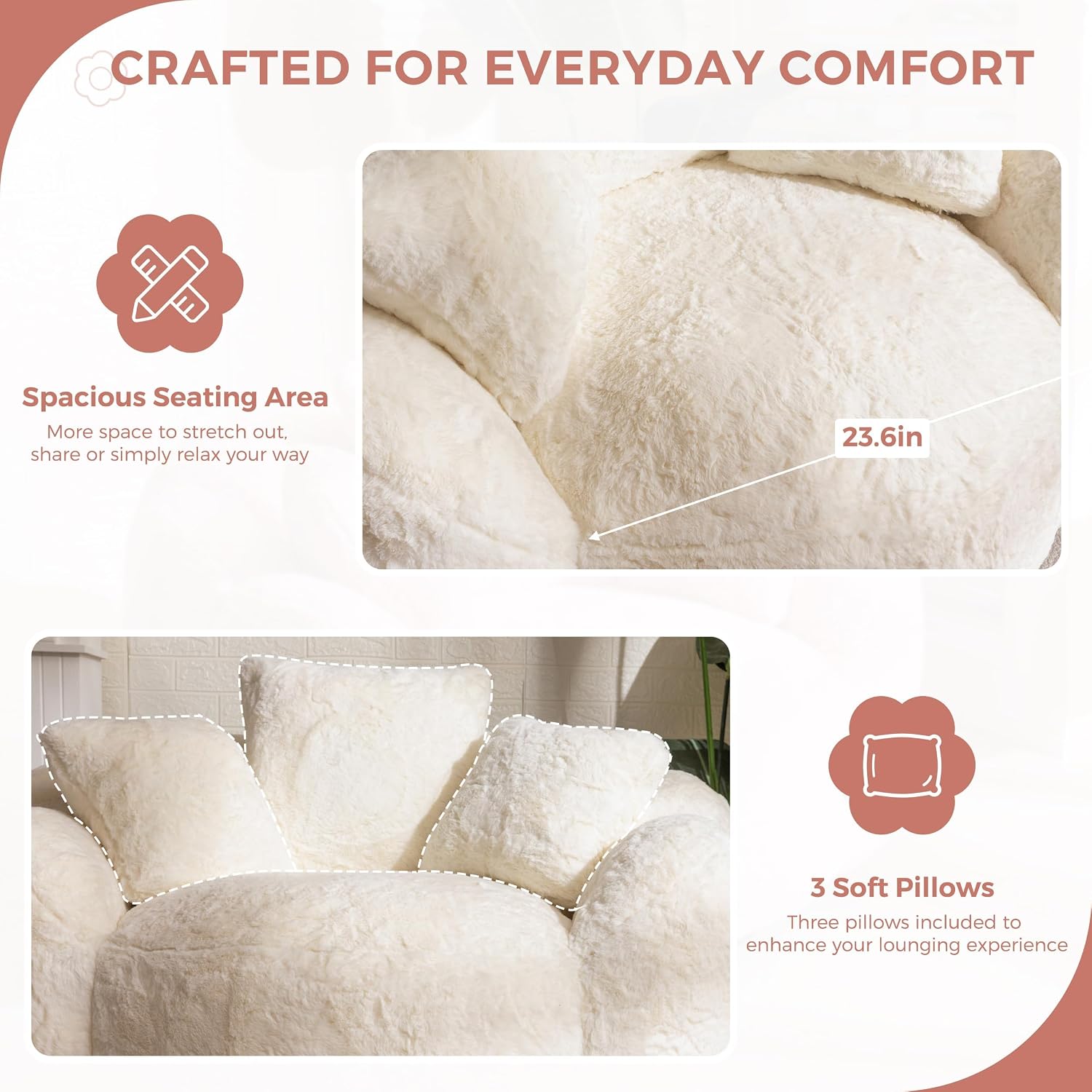 MAXYOYO Bean Bag Chair, Floral Shaped Bean Bag Sofa for Adults, Soft Faux Fur Floor Sofa, Large Stuffed Reading Chair for Living Room, Beige