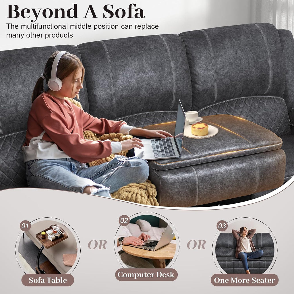 Yolsali 3-Seater Recliner Sofa, Manual Reclining Couch with Multi-Functional Middle Seat, Reclining Sofa for Living Room with Hidden Storage Space, Cup Holders, and Removable Console - Velvet Grey