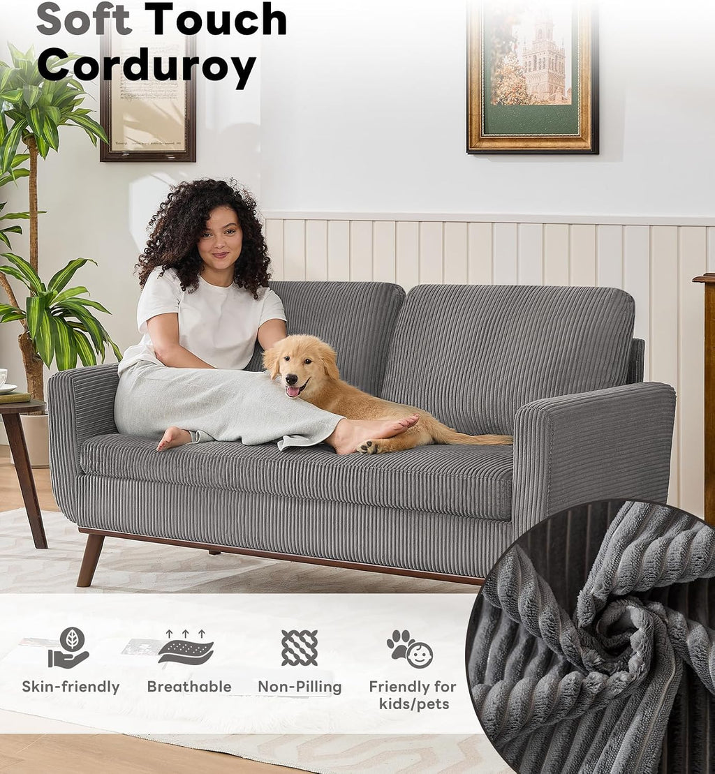 Kingfun 65' Corduroy Love Seat with Spring Cusions, Mid Century Modern Loveseat Sofa for Livingroom & Bedroom, Comfy Upholstered Small Couch, Gray