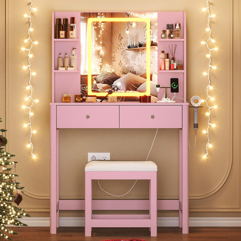 Vanity Desk with Mirror and LED Lights, Small Makeup Vanity Table Set with Drawers and Chair, Dressing Table with Power Outlet for Girls Bedroom, Pink