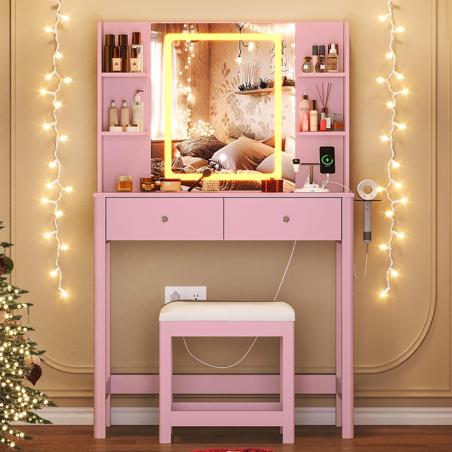 Vanity Desk with Mirror and LED Lights, Small Makeup Vanity Table Set with Drawers and Chair, Dressing Table with Power Outlet for Girls Bedroom, Pink