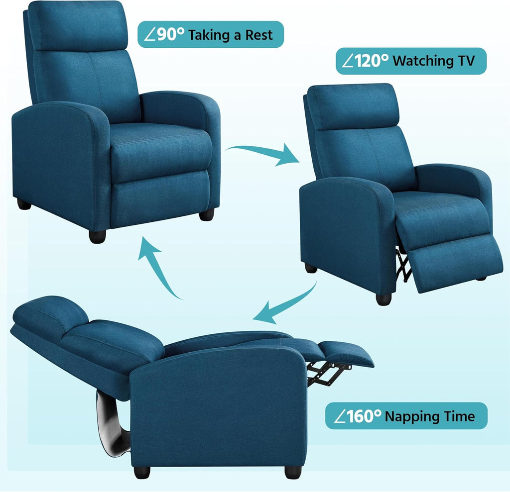 Yaheetech Recliner Chair Fabric Recliner Sofa with Lumbar Support High-Density Foam & Pocket Springs, Home Theater Seating Push Back Armchair for Living Room Blue