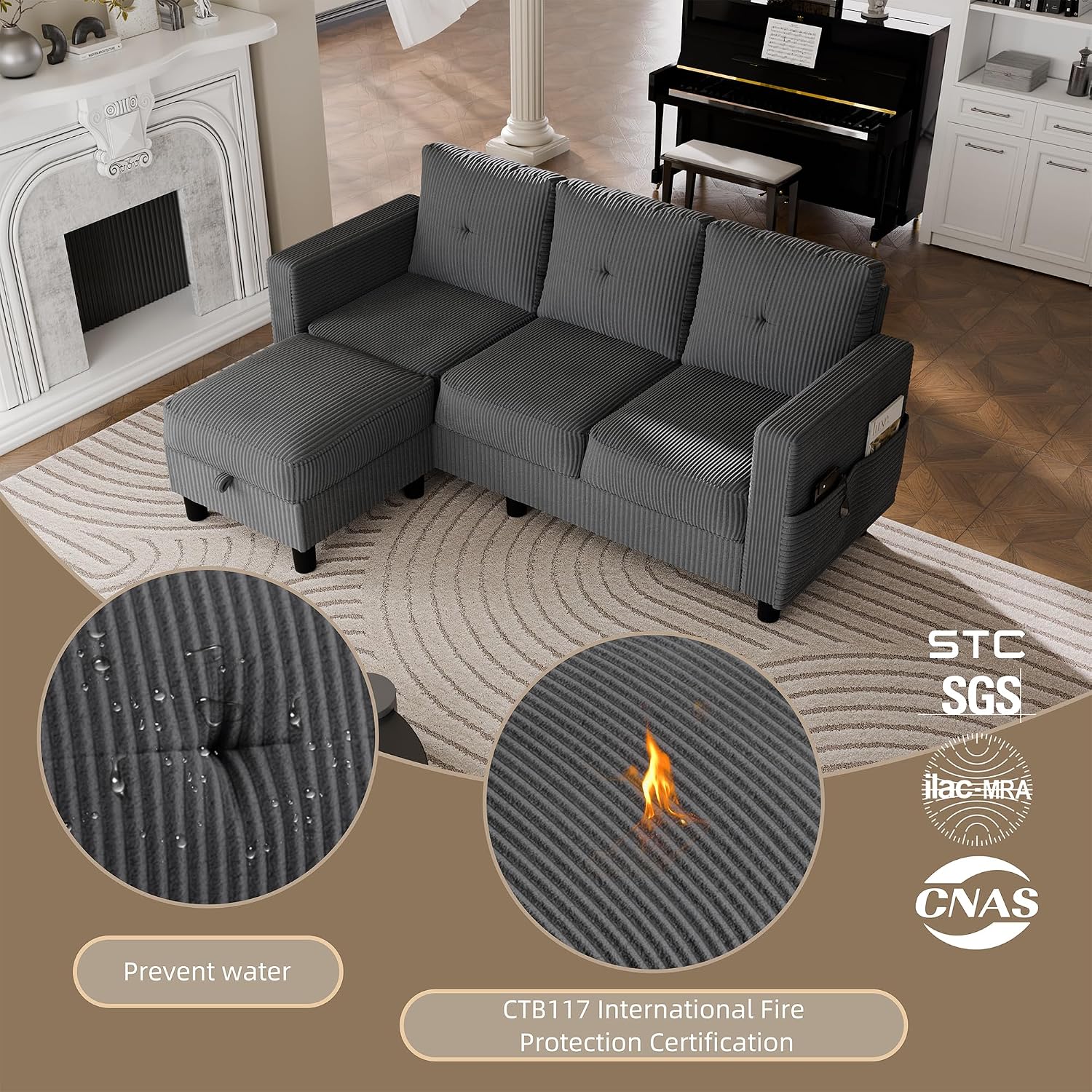 Convertible Sectional Sofa with Storage Ottoman, 77' L-Shaped 3-Seat Couch with Skin-Friendly Corduroy Fabric, Reversible Small Sectional for Small Space, Apartment, Living Room and Office(Dark Grey)