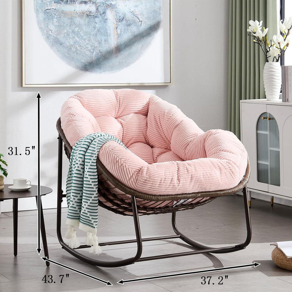JEEOHEY Papasan Rocking Chairs Outdoor Indoor, Oversized Rattan Rocker Patio Chair with Padded Cushion, Comfy Modern Indoor Egg Chair for Living Room, Bedroom, Porch, Garden, Balcony(Corduroy, Pink)