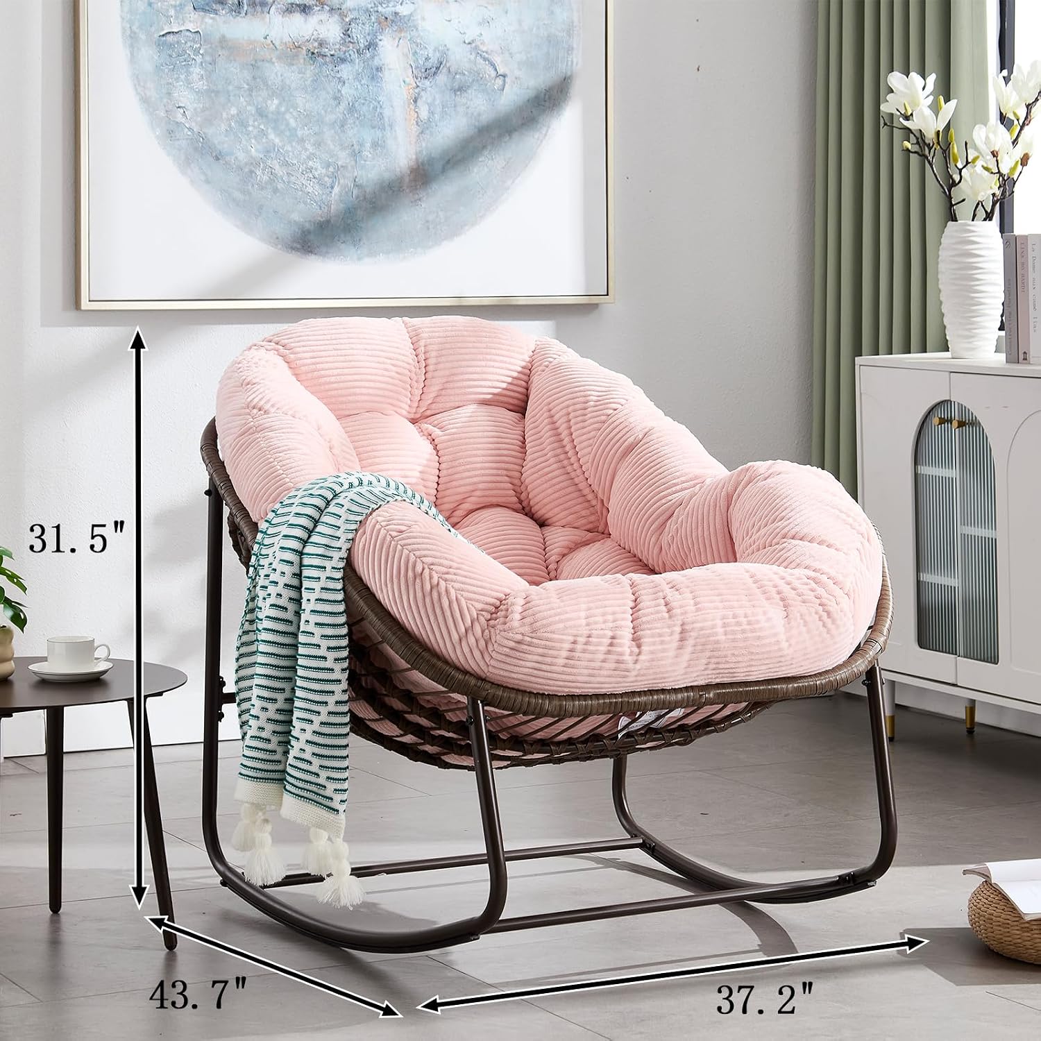JEEOHEY Papasan Rocking Chairs Outdoor Indoor, Oversized Rattan Rocker Patio Chair with Padded Cushion, Comfy Modern Indoor Egg Chair for Living Room, Bedroom, Porch, Garden, Balcony(Corduroy, Pink)
