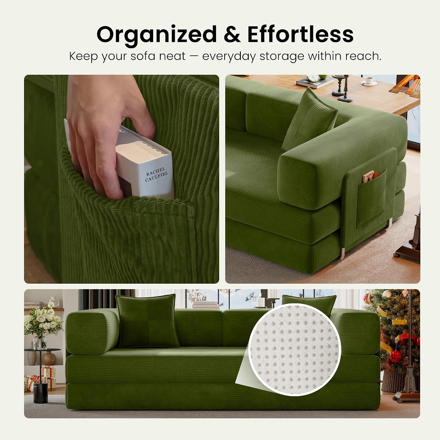 78.8' Convertible Sofa Bed,Corduroy Futon Couch with Storage Pocket,Folding Pull Out Futon Sofa,No Assembly Boneless Couch for Living Room,Green