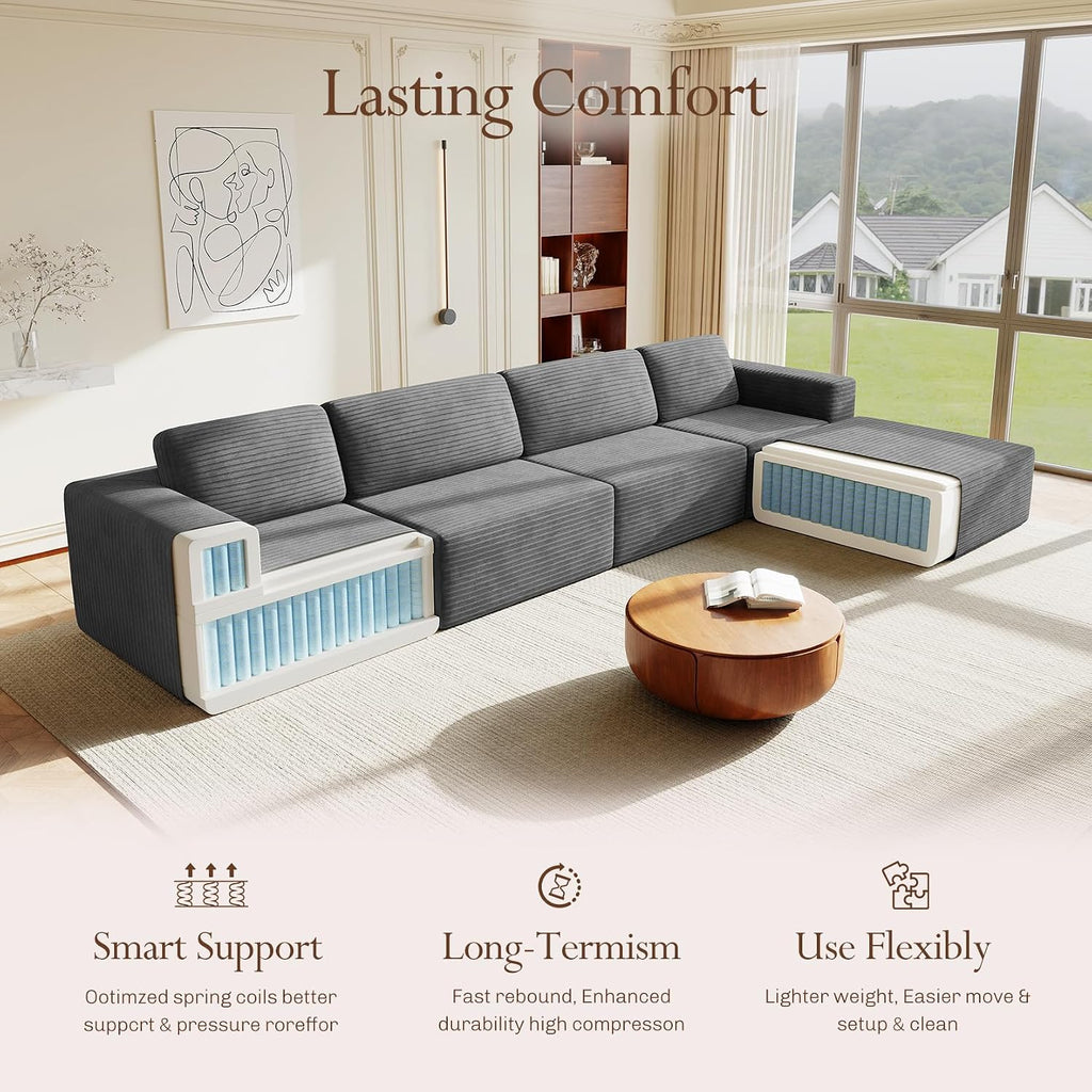 Vesgantti 159' Large Modular Sectional Sofa, L-Shaped Corduroy Cloud Couch with Deep Seats & Spring Support, 4-Seater Boneless Sofa with Movable Ottoman, No Assembly Needed, Grey