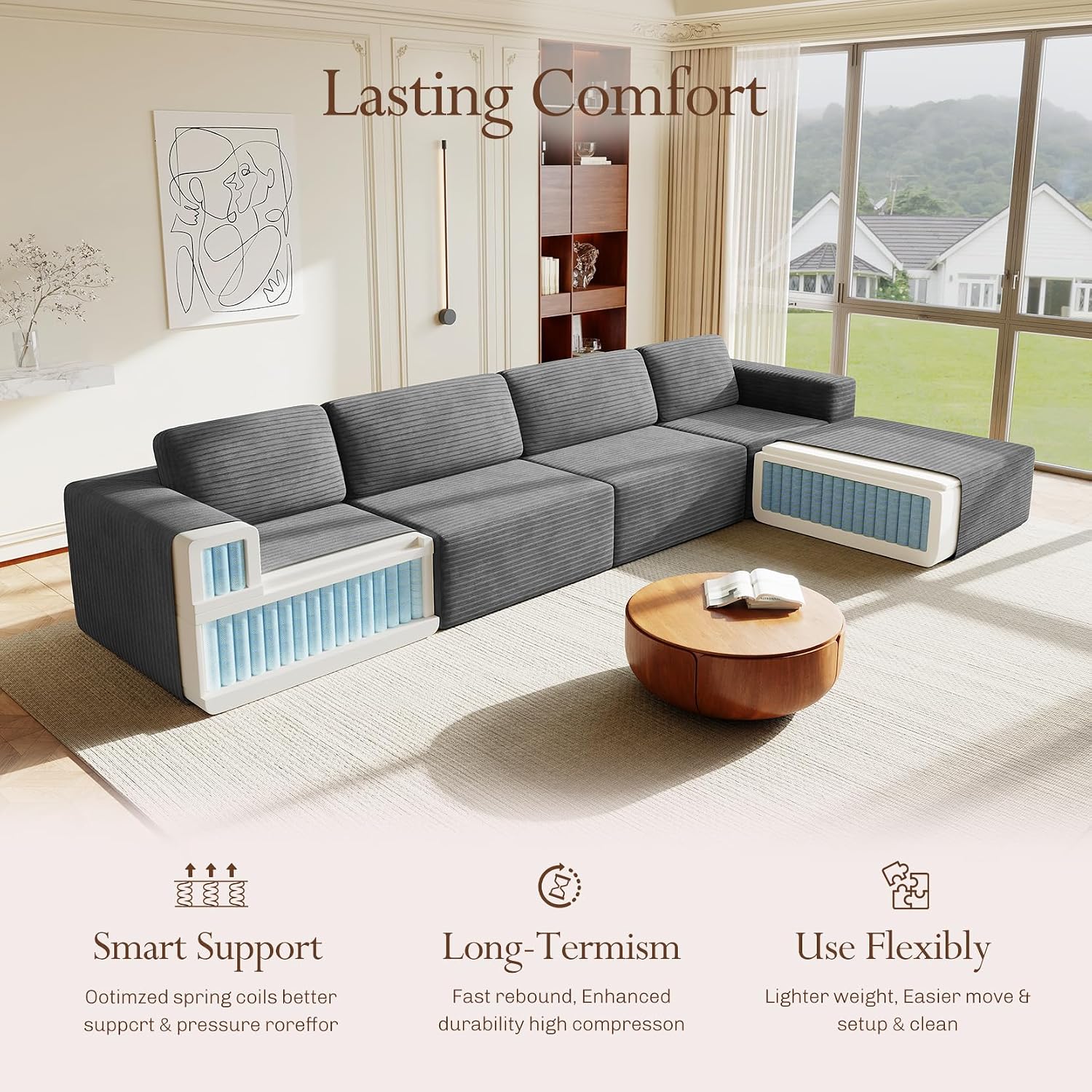 Vesgantti 159' Large Modular Sectional Sofa, L-Shaped Corduroy Cloud Couch with Deep Seats & Spring Support, 4-Seater Boneless Sofa with Movable Ottoman, No Assembly Needed, Grey