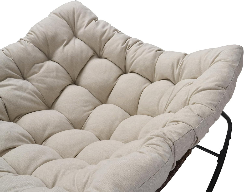 Outdoor Papasan Rocking Chair Oversized, Rattan Rocking Chair, Patio Wicker Egg Chair with Padded Cushion, Rocker Egg Chair for Living Room, Patio, Front Porch, Backyard