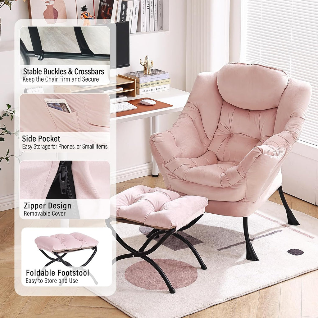 Furlide Lazy Chair with Ottoman, Modern Chair with Folding Footrest, Lounge Accent Chair, Comfortable Reading Chair, Oversized Armchairs for Bedroom, Study, Living Room, Courtyard (Pink)