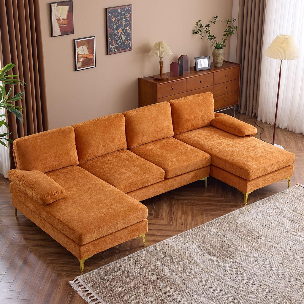 Karl home Convertible Sectional Sofa 110' U-Shape Sofa Couch 4-Seat Couch with Chaise ChenilleFabric Upholstered for Living Room, Apartment, Office, Orange