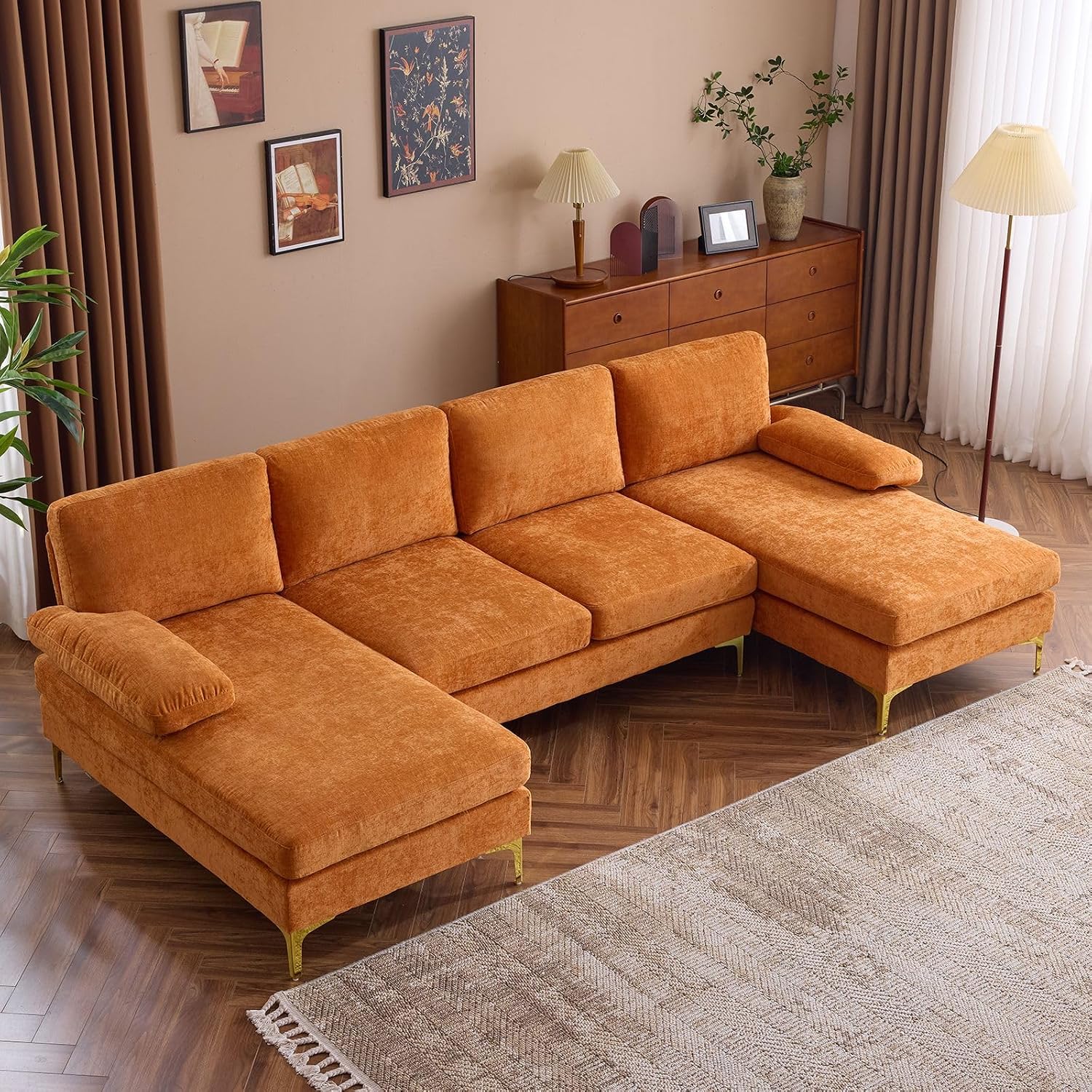 Karl home Convertible Sectional Sofa 110' U-Shape Sofa Couch 4-Seat Couch with Chaise ChenilleFabric Upholstered for Living Room, Apartment, Office, Orange