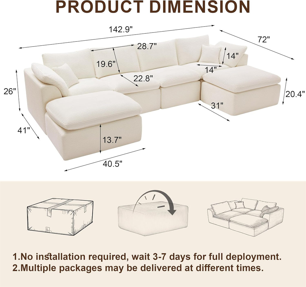 143' Cloud Sectional Couch, Boneless couches for Living Room, U Shaped Couch with Convertible Ottoman, Modular Sectional Sofa with Deep Seat, Comfy Soft Cushions, No Assembly, Beige