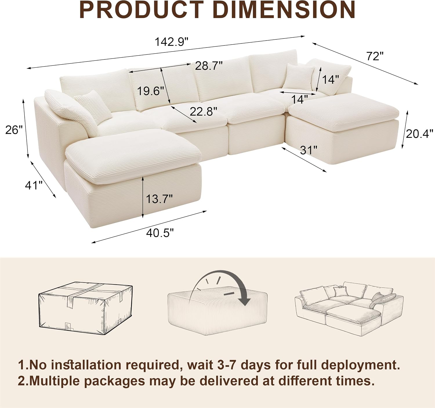 143' Cloud Sectional Couch, Boneless couches for Living Room, U Shaped Couch with Convertible Ottoman, Modular Sectional Sofa with Deep Seat, Comfy Soft Cushions, No Assembly, Beige