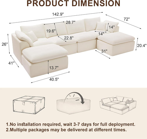 143' Cloud Sectional Couch, Boneless couches for Living Room, U Shaped Couch with Convertible Ottoman, Modular Sectional Sofa with Deep Seat, Comfy Soft Cushions, No Assembly, Beige