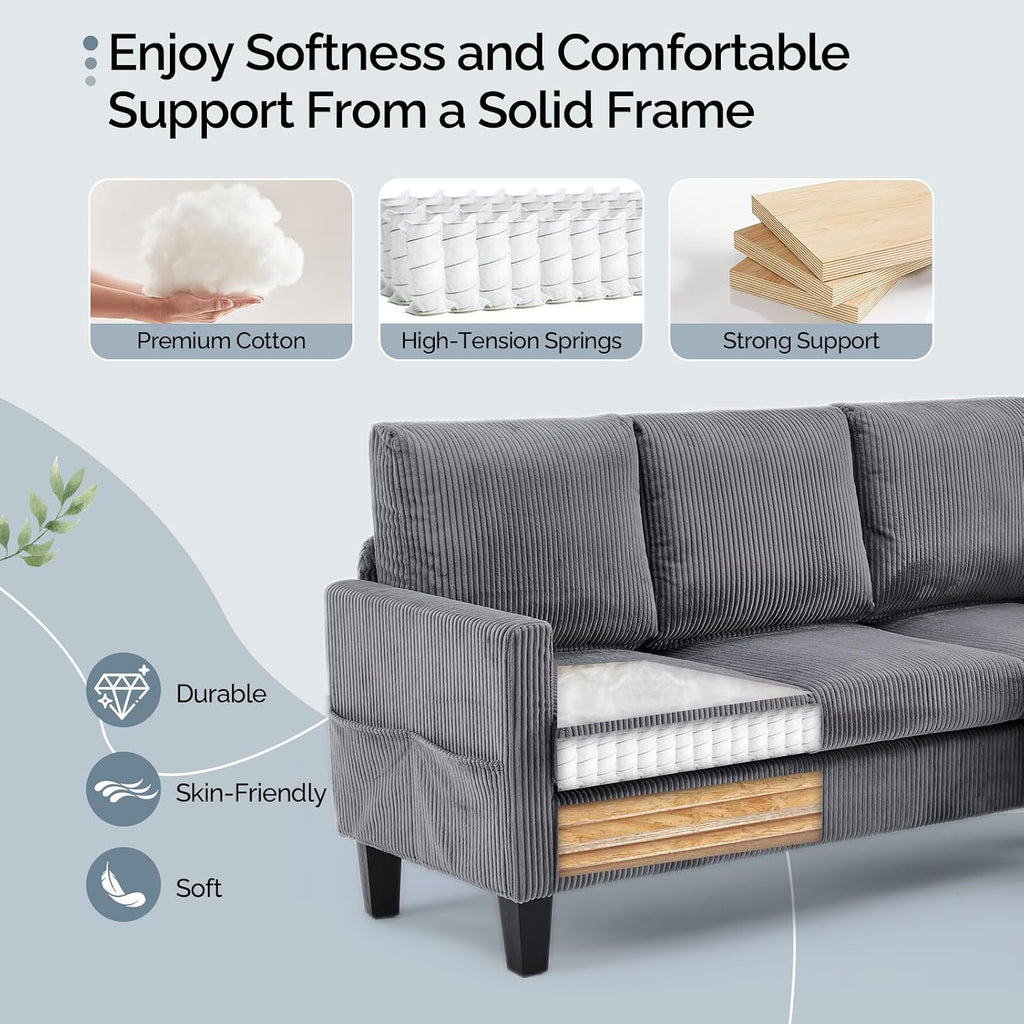 VINGLI 68.5' L Shaped Couch with Movable Storage Ottoman, Convertible Sectional Sofa in Soft Corduroy Fabric, Modern Reversible Chaise Couch for Small Spaces, Apartment, Living Room，Grey