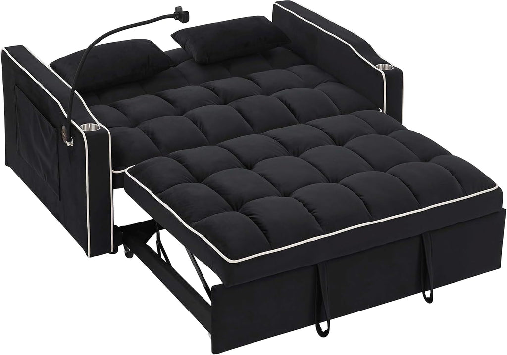 LUMISOL 55.5' Convertible Sleeper Sofa with Pull Out Bed, 3-in-1 Loveseat Sofa with USB Ports, 2 Cup Holders & Storage Pockets, Velvet Sleeper Sofa Bed with Adjustable Backrest, Black